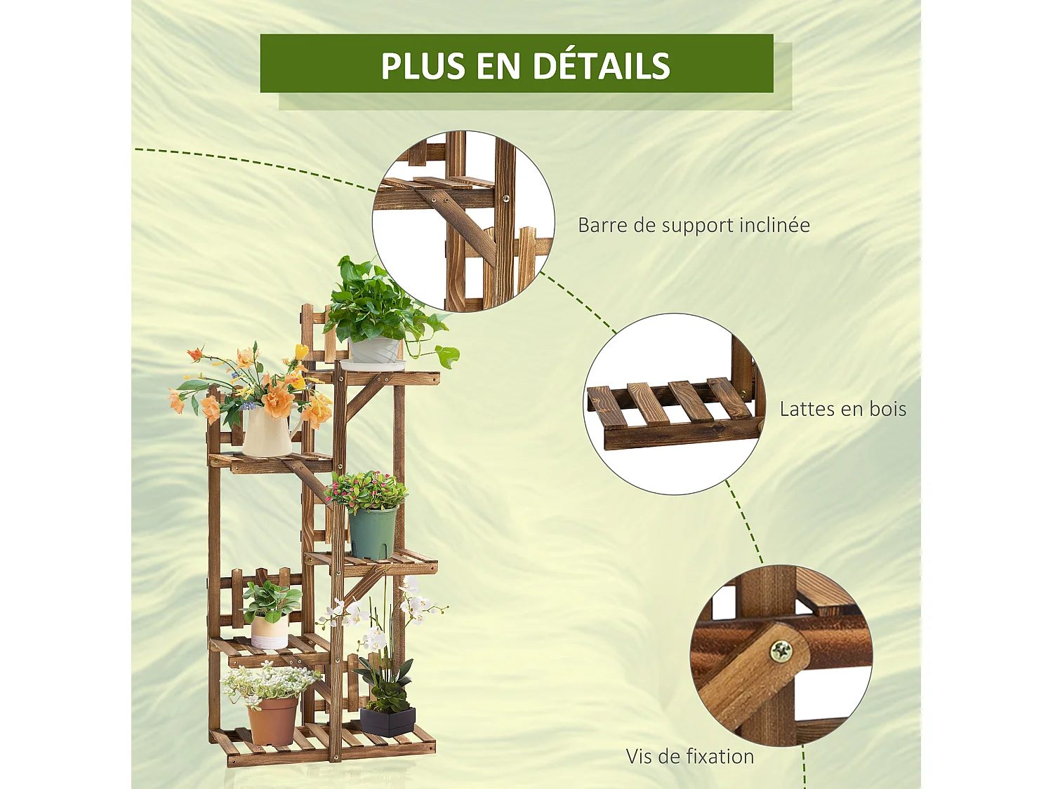 Étagère à fleurs en bois - porte plante bois 6 tablettes - dim. 98L x 28l x 96,5H cm - bois de sapin traité carbonisation