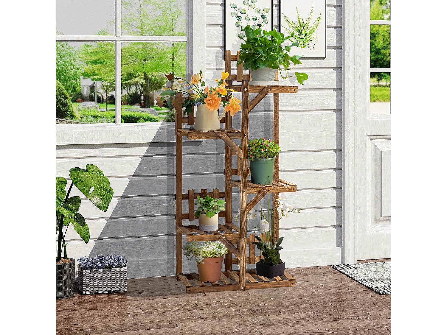 Étagère à fleurs en bois - porte plante bois 6 tablettes - dim. 98L x 28l x 96,5H cm - bois de sapin traité carbonisation