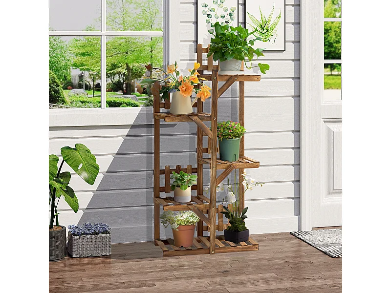 Étagère à fleurs en bois - porte plante bois 6 tablettes - dim. 98L x 28l x 96,5H cm - bois de sapin traité carbonisation