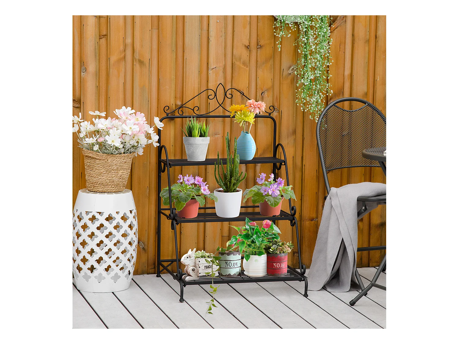 Support pour plantes présentoir avec étagères en métal 3 niveaux forme escalier intérieur/extérieur dim. 60,5L x 59,5l x 95,5H cm noir