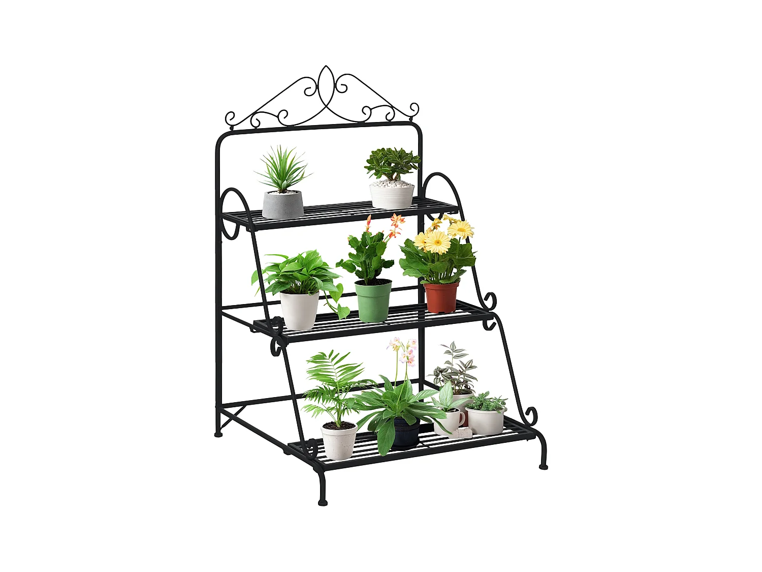 Support pour plantes présentoir avec étagères en métal 3 niveaux forme escalier intérieur/extérieur dim. 60,5L x 59,5l x 95,5H cm noir