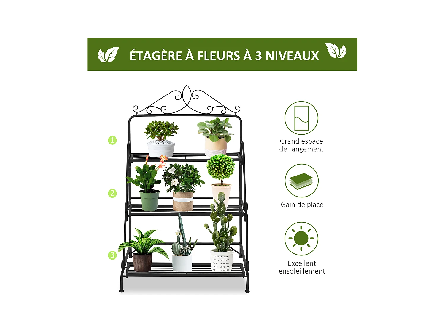 Support pour plantes présentoir avec étagères en métal 3 niveaux forme escalier intérieur/extérieur dim. 60,5L x 59,5l x 95,5H cm noir