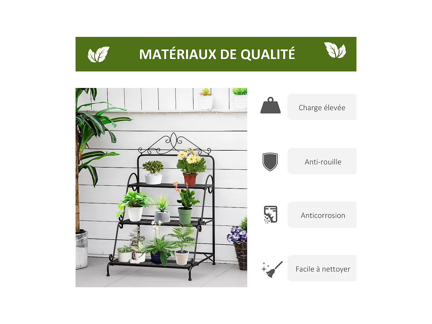 Support pour plantes présentoir avec étagères en métal 3 niveaux forme escalier intérieur/extérieur dim. 60,5L x 59,5l x 95,5H cm noir