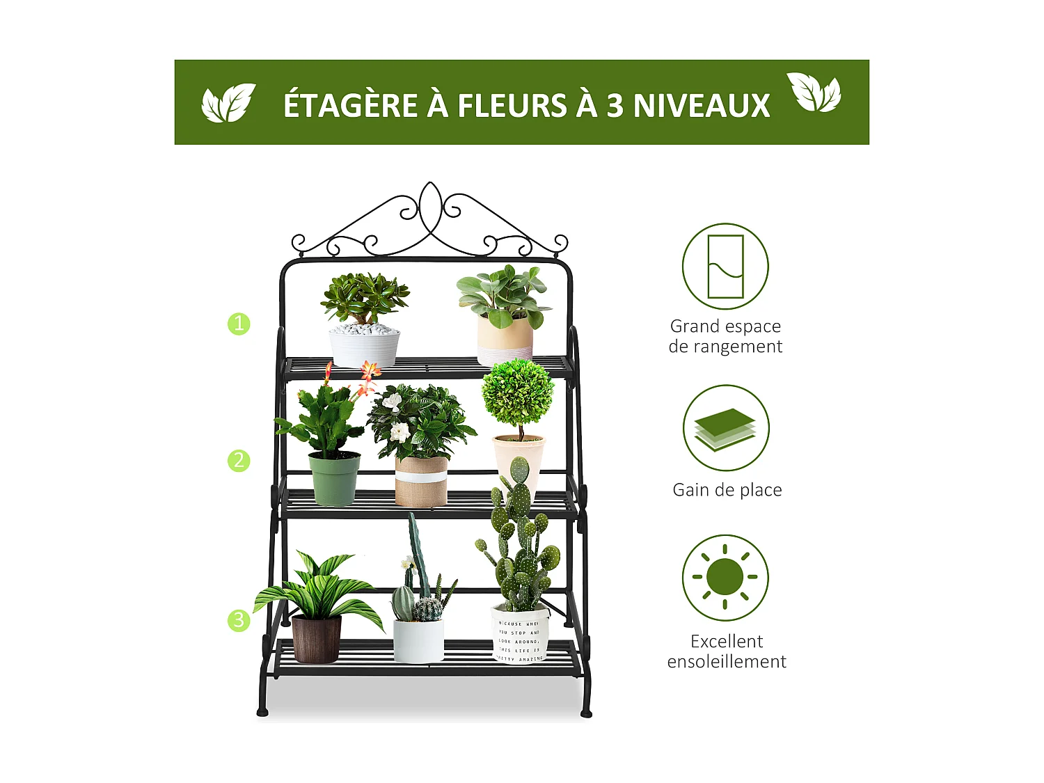 Support pour plantes présentoir avec étagères en métal 3 niveaux forme escalier intérieur/extérieur dim. 60,5L x 59,5l x 95,5H cm noir