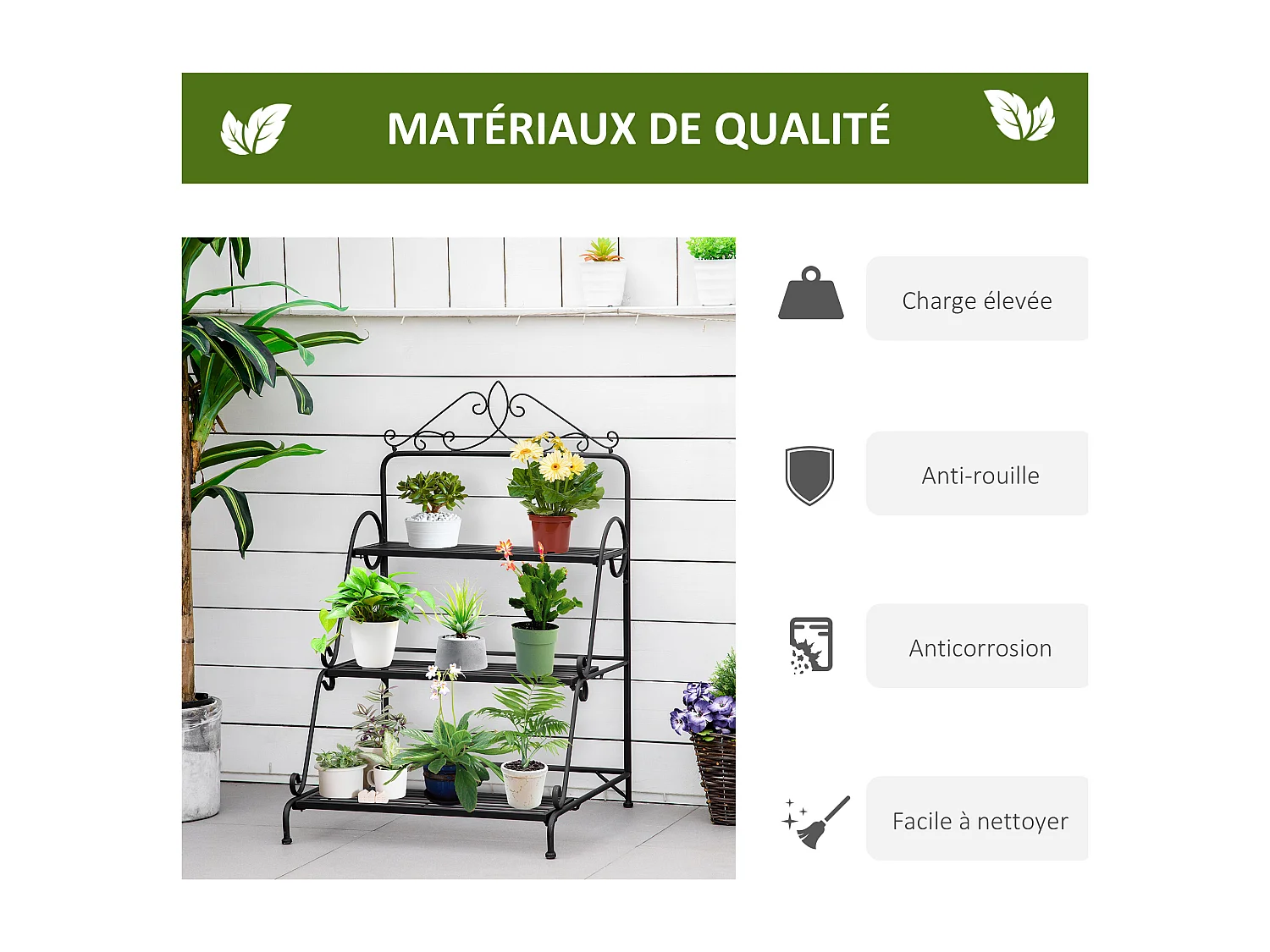 Support pour plantes présentoir avec étagères en métal 3 niveaux forme escalier intérieur/extérieur dim. 60,5L x 59,5l x 95,5H cm noir