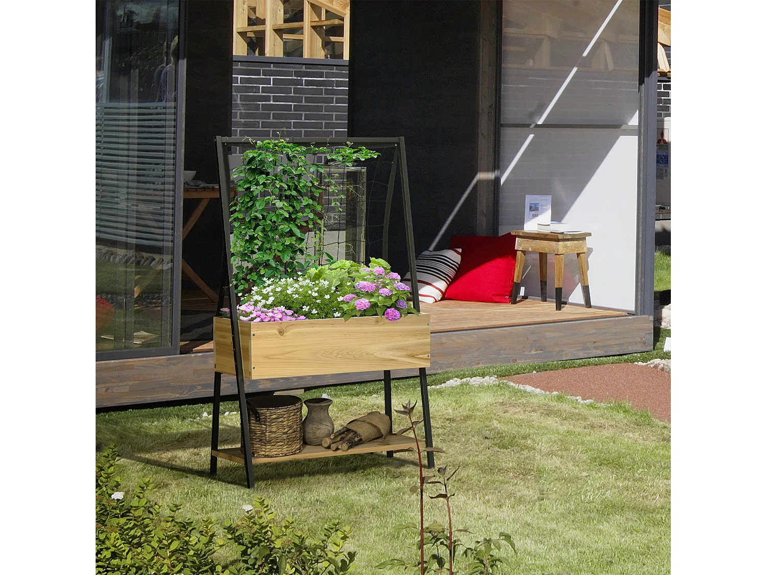 Jardinière sur pieds avec treillis filet - étagère, inserts d'irrigation - châssis métal époxy noir bois sapin verni