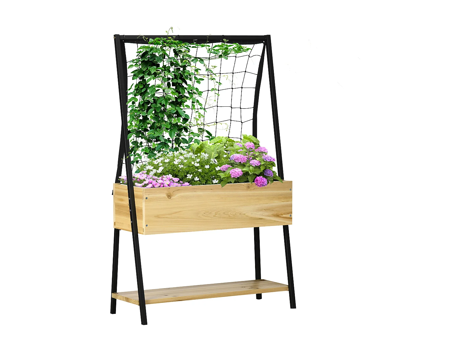 Jardinière sur pieds avec treillis filet - étagère, inserts d'irrigation - châssis métal époxy noir bois sapin verni