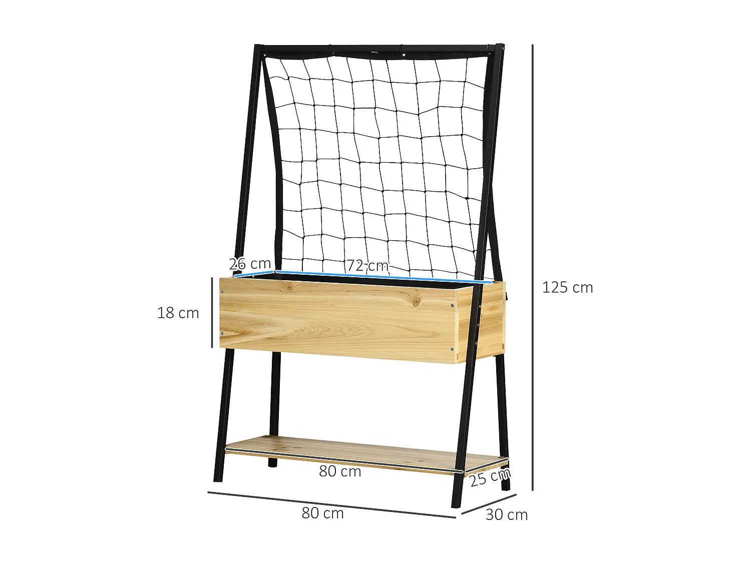 Jardinière sur pieds avec treillis filet - étagère, inserts d'irrigation - châssis métal époxy noir bois sapin verni