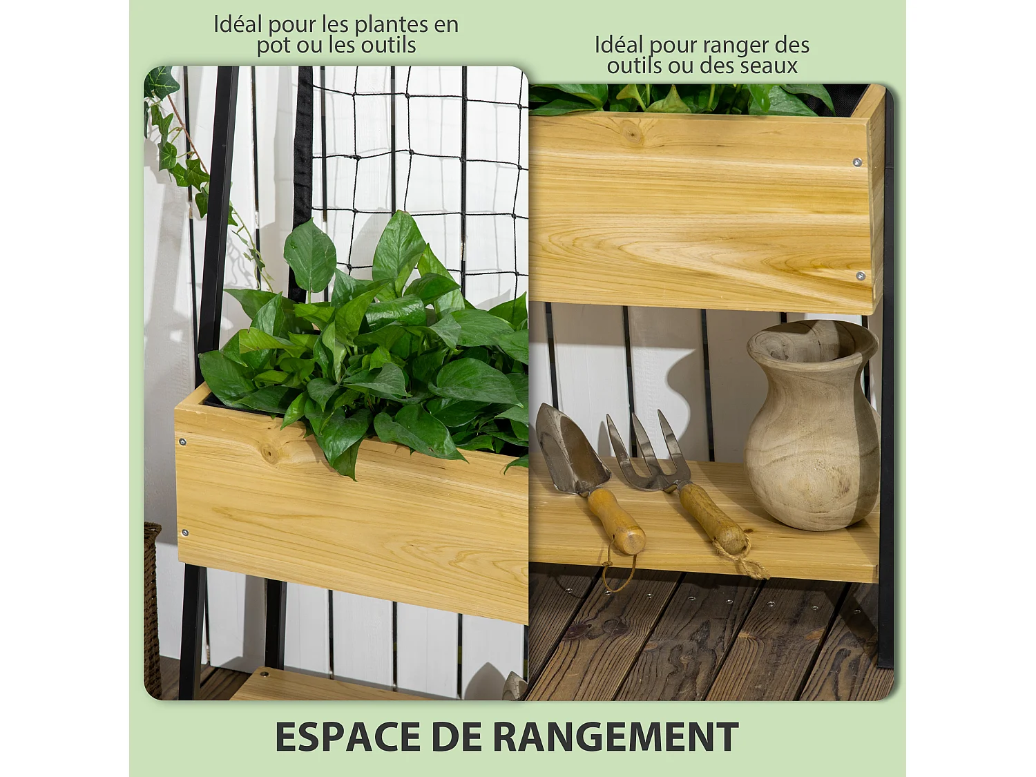 Jardinière sur pieds avec treillis filet - étagère, inserts d'irrigation - châssis métal époxy noir bois sapin verni