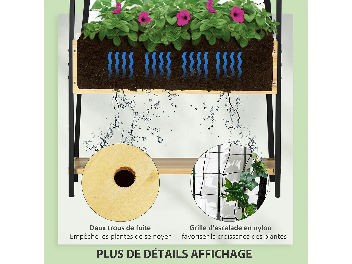 Jardinière sur pieds avec treillis filet - étagère, inserts d'irrigation - châssis métal époxy noir bois sapin verni