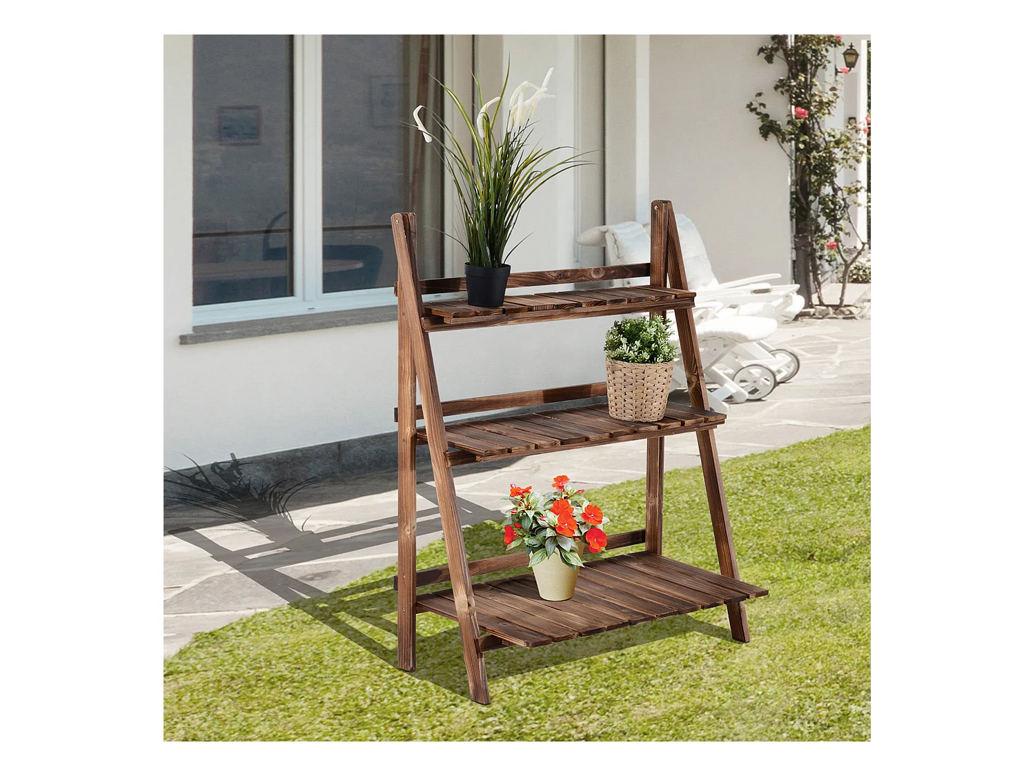 Étagère à plantes forme pyramidale échelle pliante avec 3 étagères - dim. 80L x 37l x 93H cm - bois sapin traité carbonisation