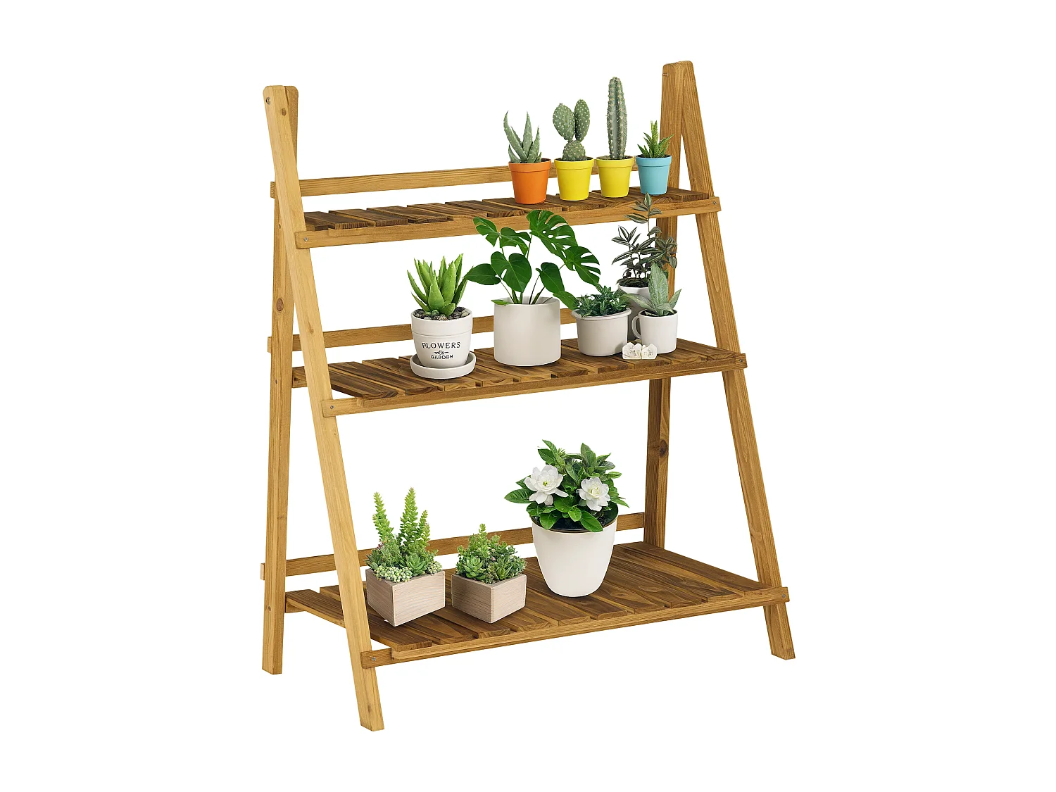 Étagère à plantes forme pyramidale échelle pliante avec 3 étagères - dim. 80L x 37l x 93H cm - bois sapin traité carbonisation