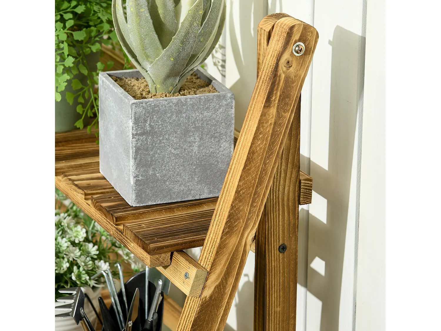 Étagère à plantes forme pyramidale échelle pliante avec 3 étagères - dim. 80L x 37l x 93H cm - bois sapin traité carbonisation