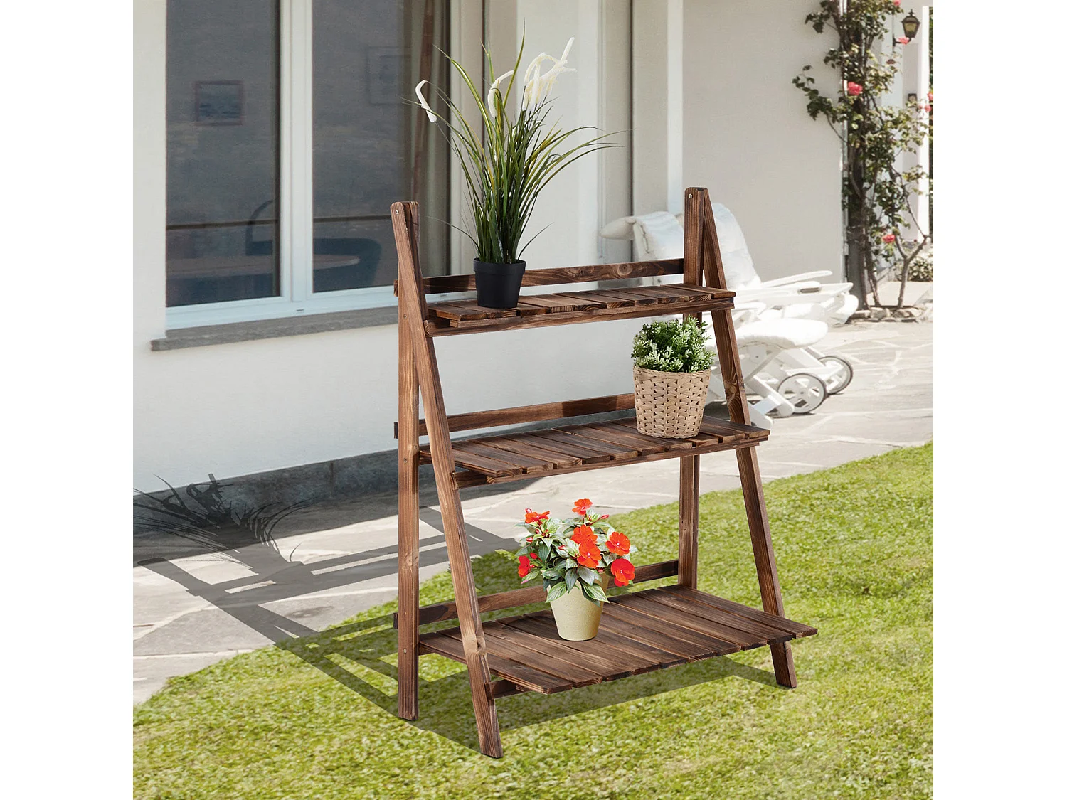 Étagère à plantes forme pyramidale échelle pliante avec 3 étagères - dim. 80L x 37l x 93H cm - bois sapin traité carbonisation