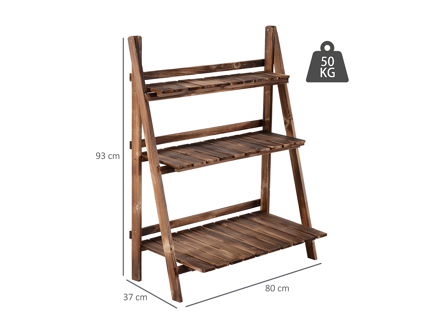 Étagère à plantes forme pyramidale échelle pliante avec 3 étagères - dim. 80L x 37l x 93H cm - bois sapin traité carbonisation