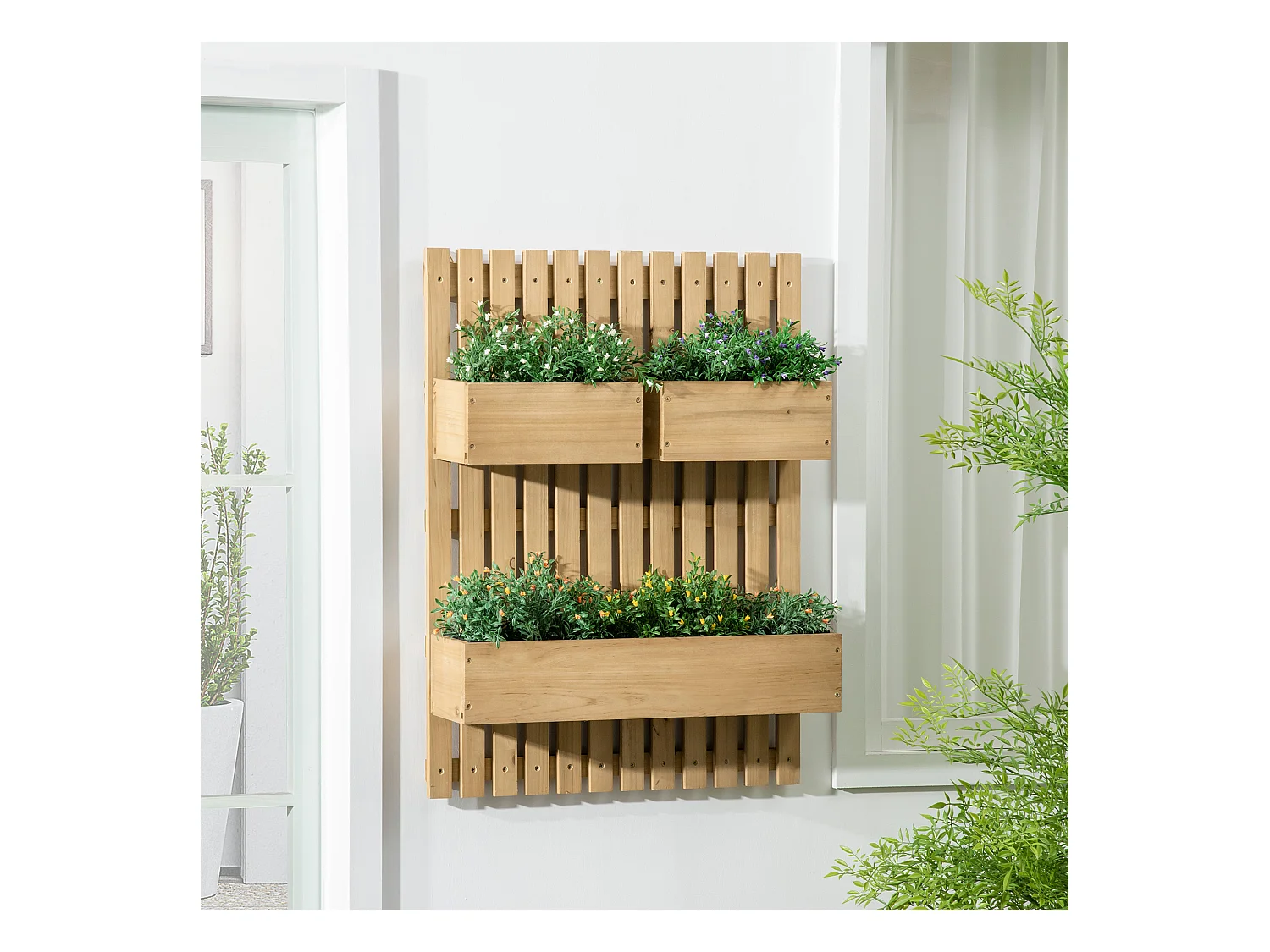 Jardinière murale avec treillis - lot de 3 jardinières murales - dim. 60L x 16l x 80H cm - bois sapin pré-huilé