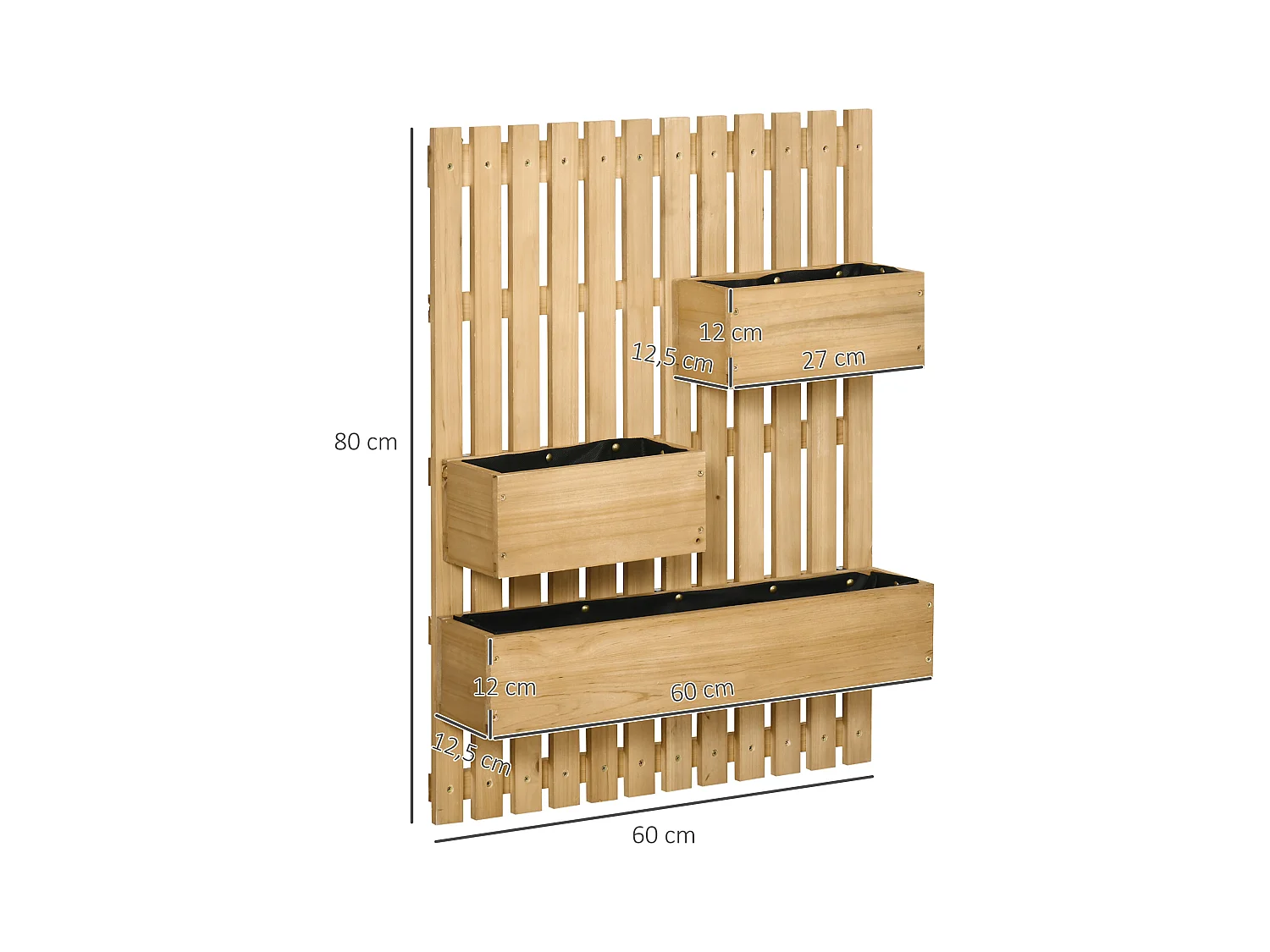 Jardinière murale avec treillis - lot de 3 jardinières murales - dim. 60L x 16l x 80H cm - bois sapin pré-huilé