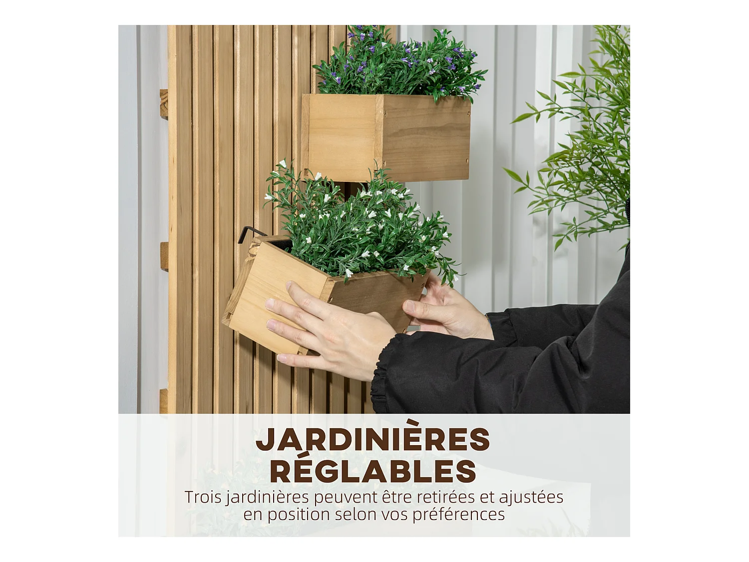 Jardinière murale avec treillis - lot de 3 jardinières murales - dim. 60L x 16l x 80H cm - bois sapin pré-huilé