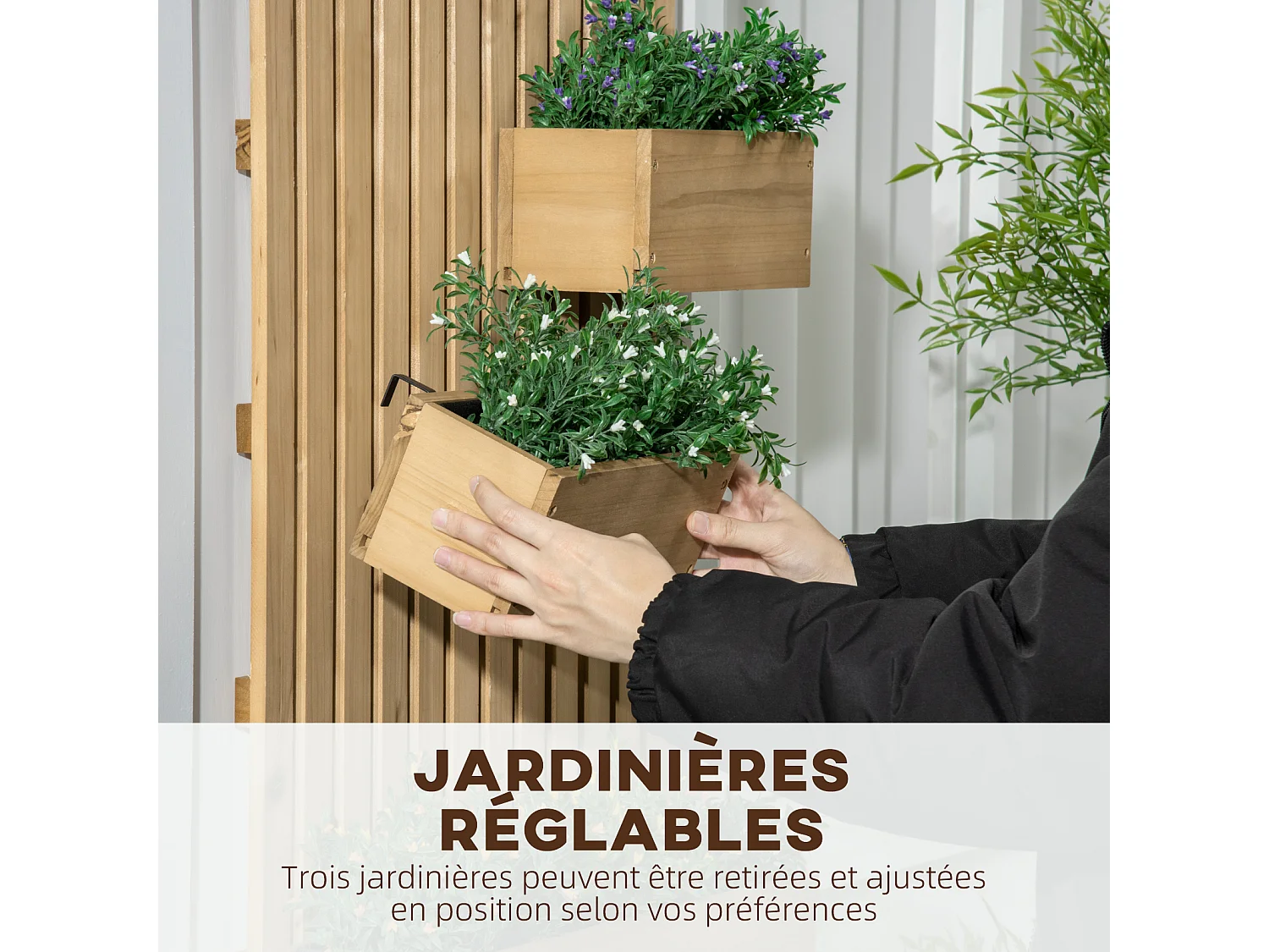 Jardinière murale avec treillis - lot de 3 jardinières murales - dim. 60L x 16l x 80H cm - bois sapin pré-huilé