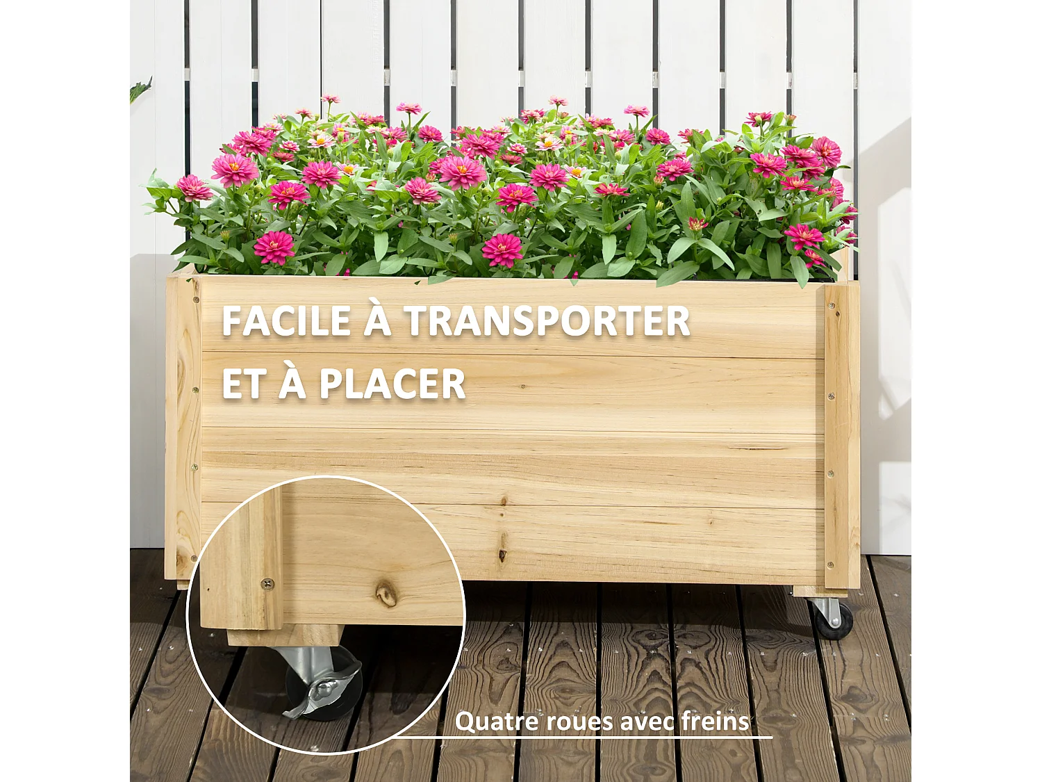 Jardinière sur roulettes - jardinière rectangulaire - inserts d'irrigation, feutre de drainage inclus - bois de sapin autoclave