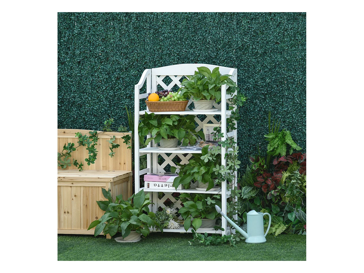Étagère à fleurs pliable - 4 étagères à lattes réglables - pan arrière treillis - bois sapin blanc