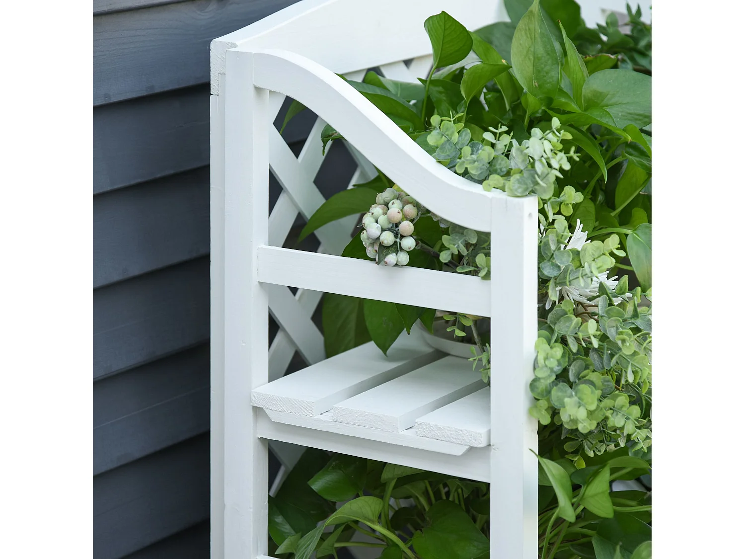 Étagère à fleurs pliable - 4 étagères à lattes réglables - pan arrière treillis - bois sapin blanc