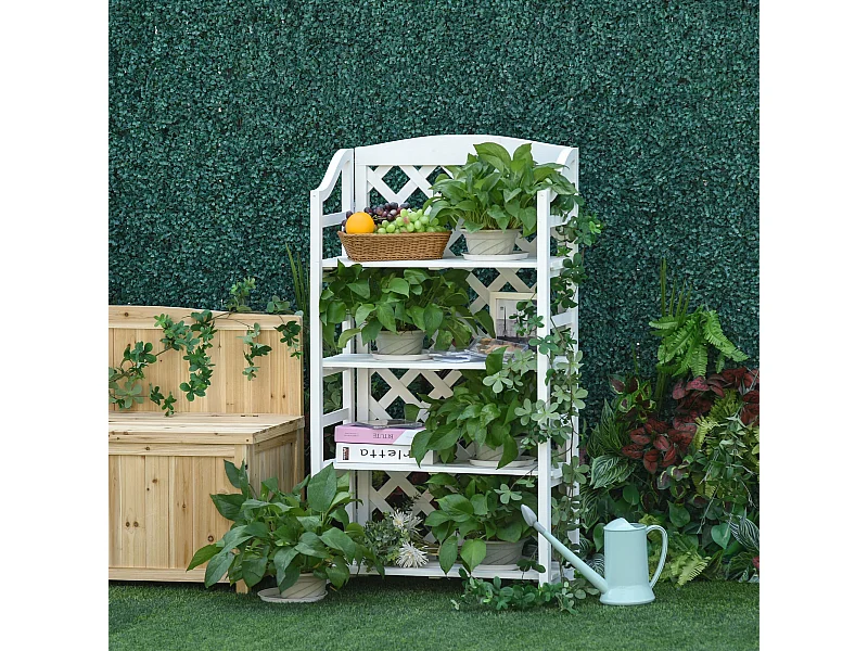 Étagère à fleurs pliable - 4 étagères à lattes réglables - pan arrière treillis - bois sapin blanc