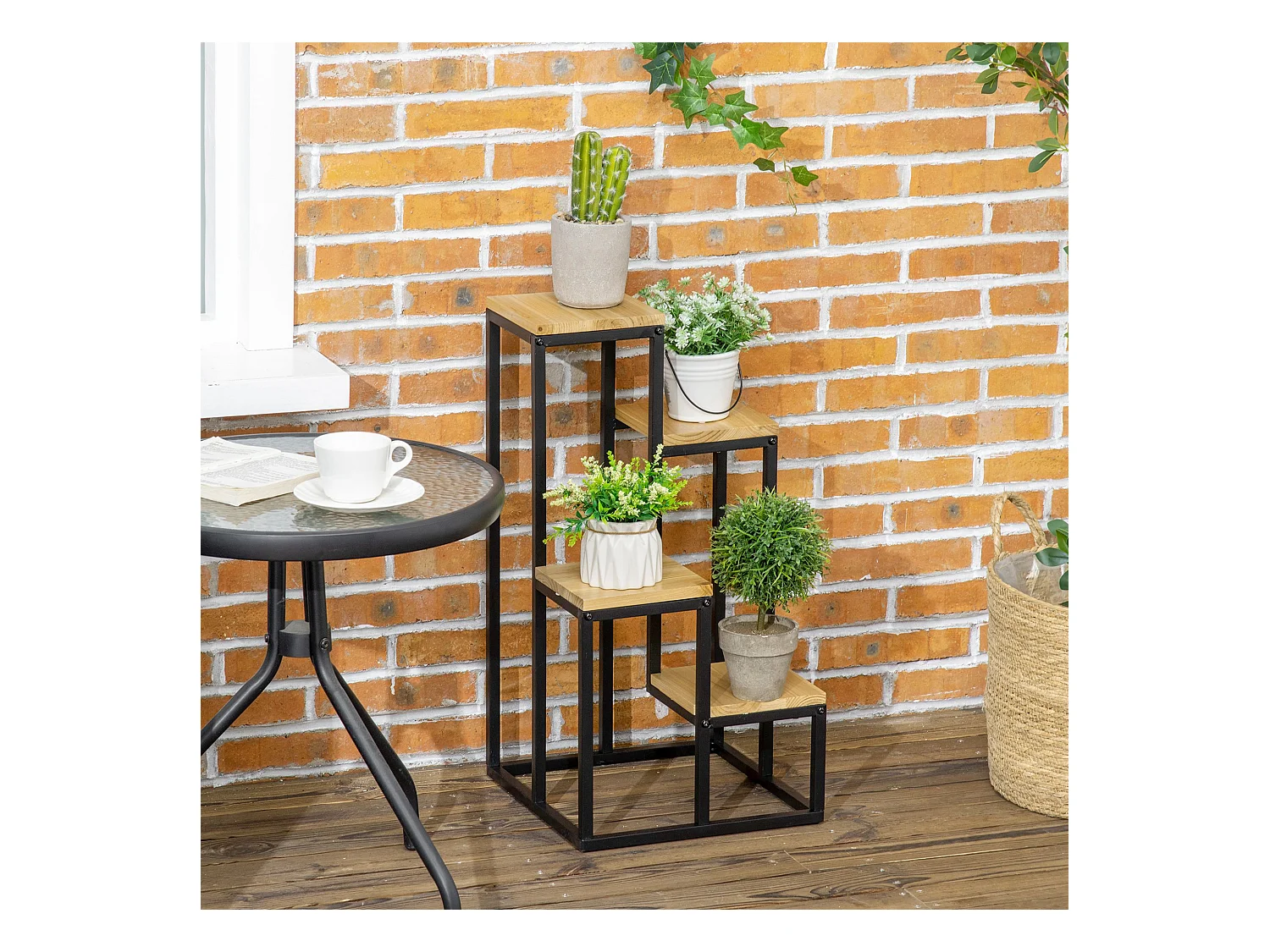 Porte-plantes style industriel 4 étagères - dim. 34L x 34l x 66H cm - métal sapin verni
