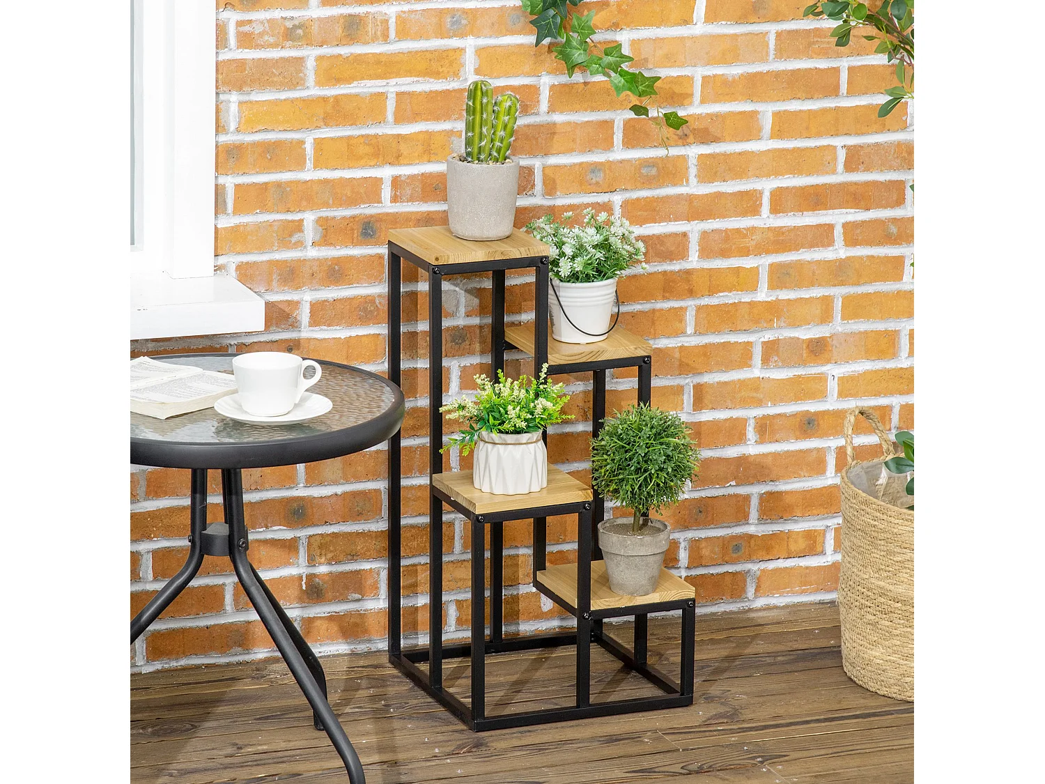 Porte-plantes style industriel 4 étagères - dim. 34L x 34l x 66H cm - métal sapin verni