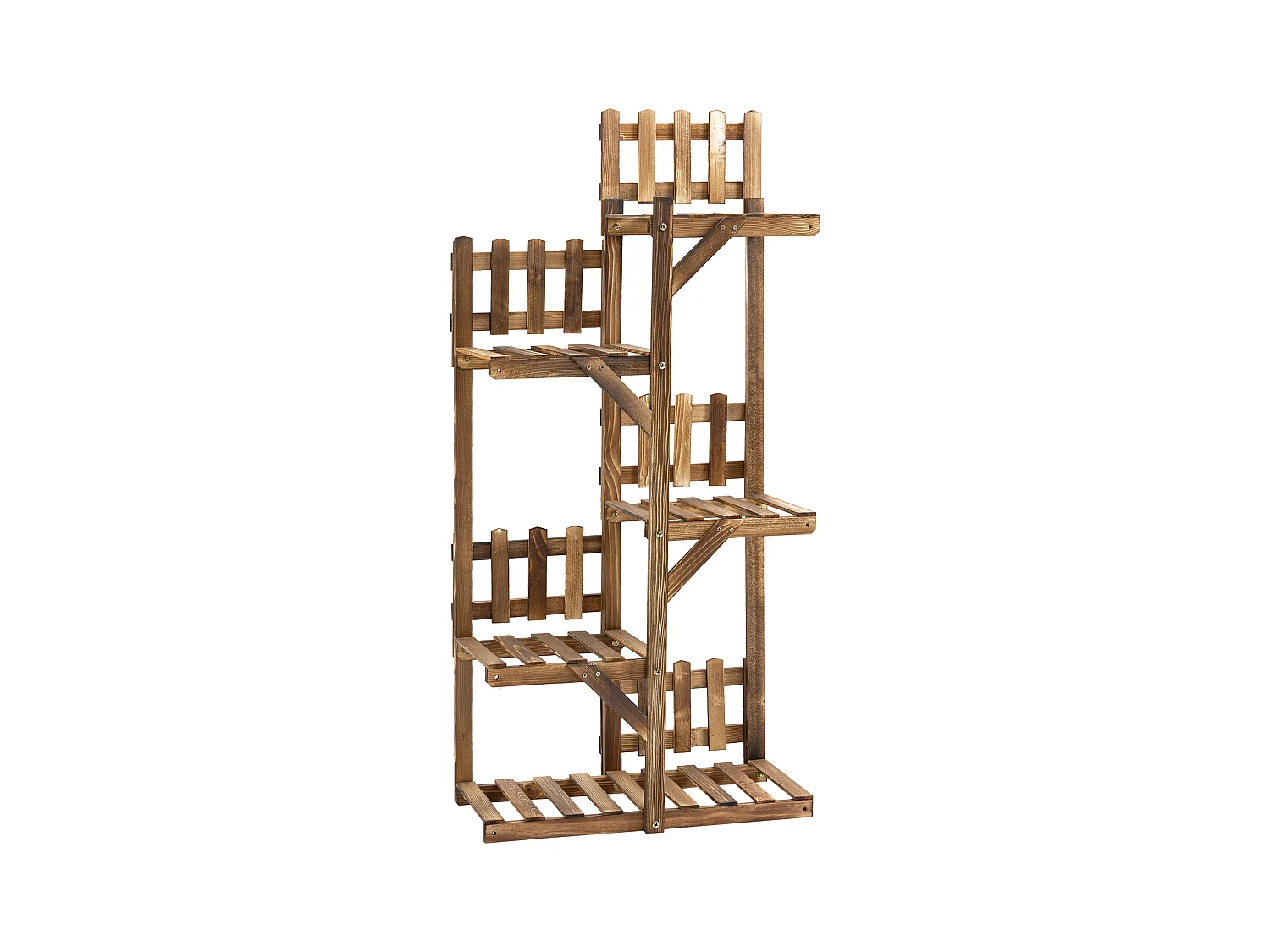 Étagère à fleurs en bois - porte plante bois 5 tablettes ornement petites barrières - dim. 60L x 30l x 130H cm - bois de sapin traité carbonisation