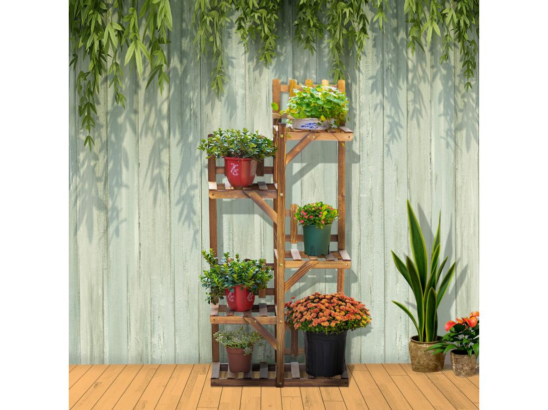 vente unique Étagère à fleurs en bois - porte plante bois 5 tablettes ornement petites barrières - dim. 60L x 30l x 130H cm - bois de sapin traité carbonisation