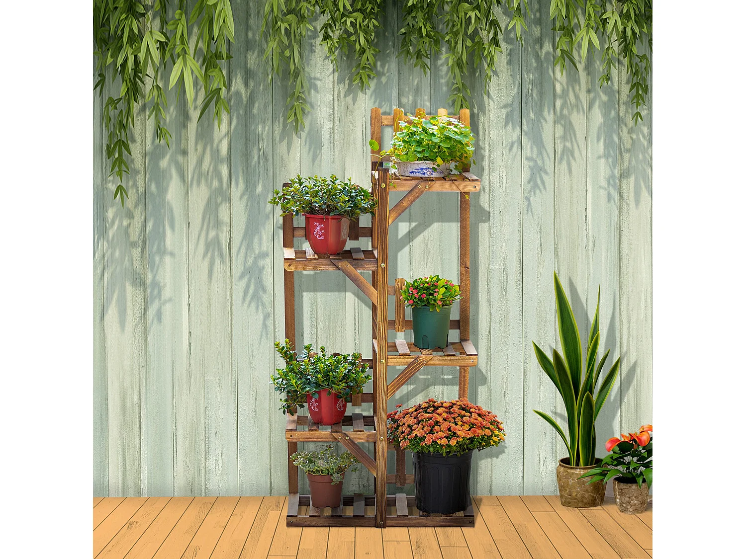 Étagère à fleurs en bois - porte plante bois 5 tablettes ornement petites barrières - dim. 60L x 30l x 130H cm - bois de sapin traité carbonisation
