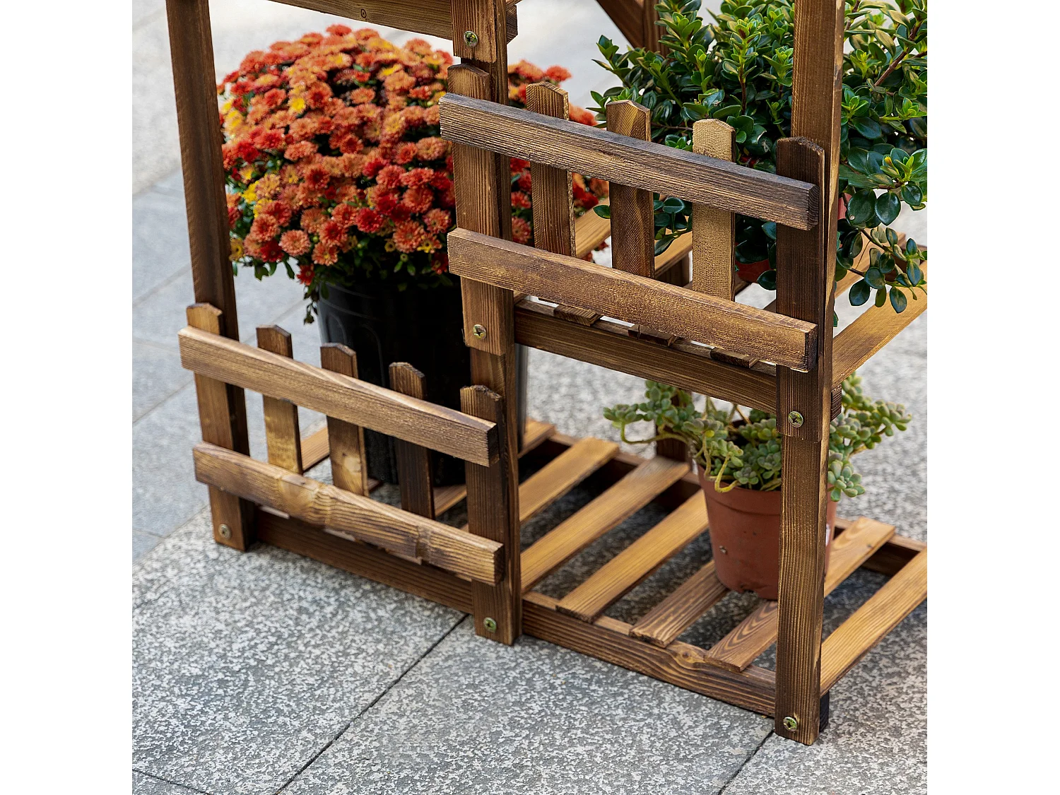 Étagère à fleurs en bois - porte plante bois 5 tablettes ornement petites barrières - dim. 60L x 30l x 130H cm - bois de sapin traité carbonisation