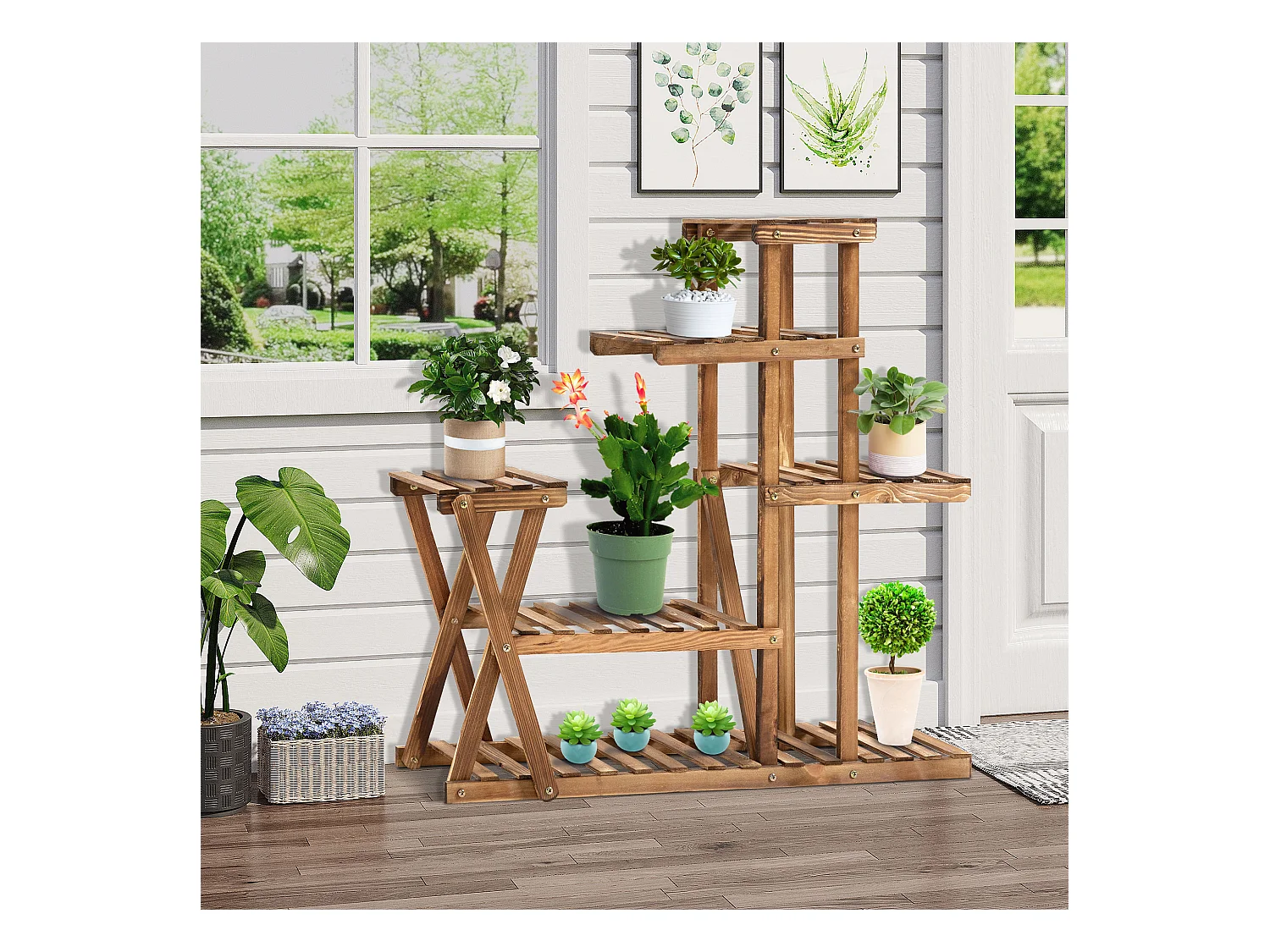 Étagère à fleurs en bois - porte plante bois 6 tablettes - dim. 98L x 28l x 95H cm - bois de sapin traité carbonisation