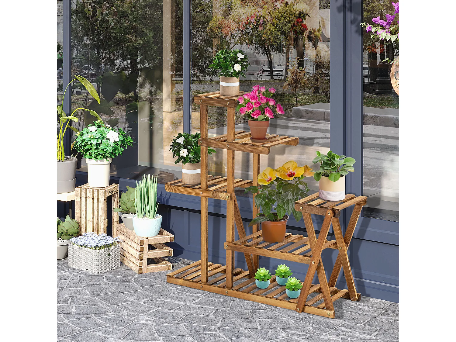 Étagère à fleurs en bois - porte plante bois 6 tablettes - dim. 98L x 28l x 95H cm - bois de sapin traité carbonisation