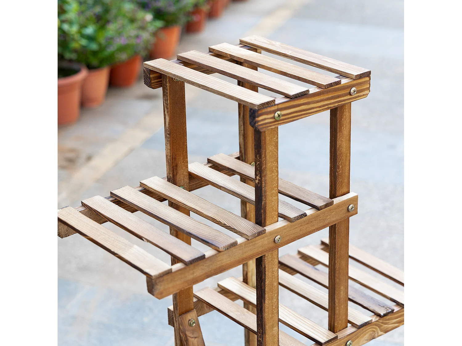 Étagère à fleurs en bois - porte plante bois 6 tablettes - dim. 98L x 28l x 95H cm - bois de sapin traité carbonisation