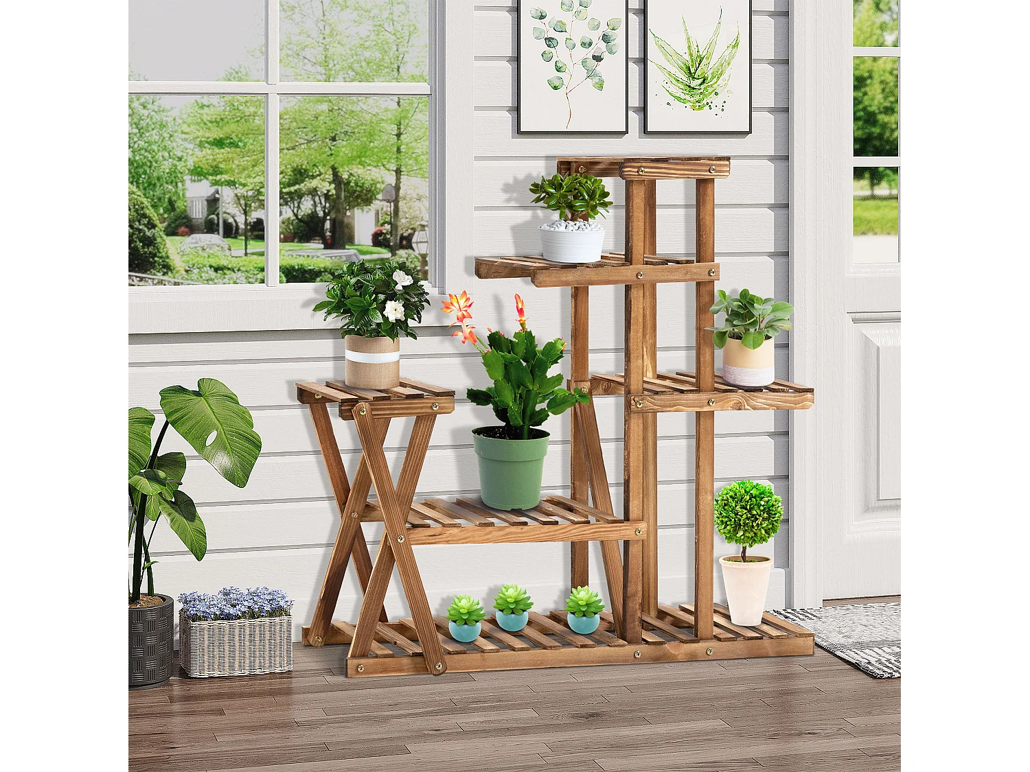 Étagère à fleurs en bois - porte plante bois 6 tablettes - dim. 98L x 28l x 95H cm - bois de sapin traité carbonisation