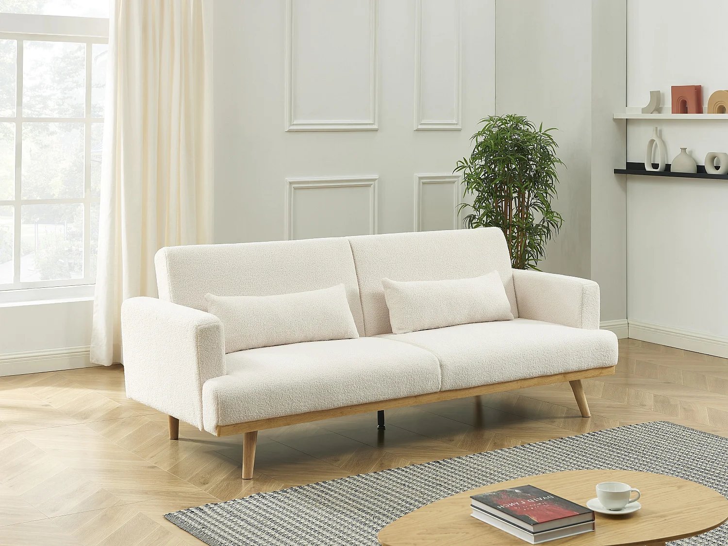 Canapé 3 places convertible clic-clac en tissu bouclette blanc ESME