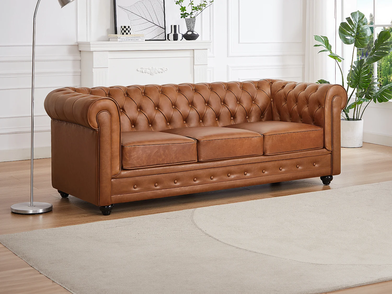Canapé 3 places en cuir de vachette camel CHESTERFIELD