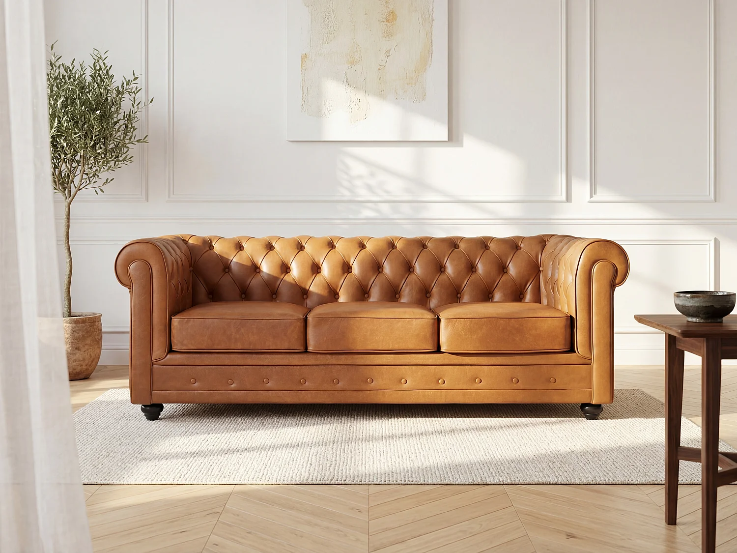 Ledersofa 3-Sitzer - Rindsleder - Camelfarben - CHESTERFIELD