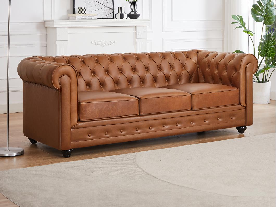 Canapé 3 places en cuir de vachette camel CHESTERFIELD