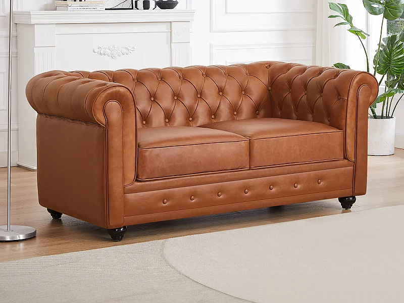 Tweezitsbank van camelkleurig vaarsleer CHESTERFIELD