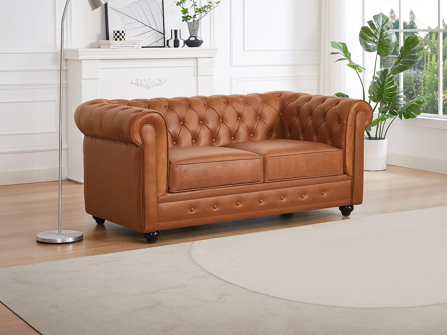 Canapé 2 places en cuir de vachette camel CHESTERFIELD