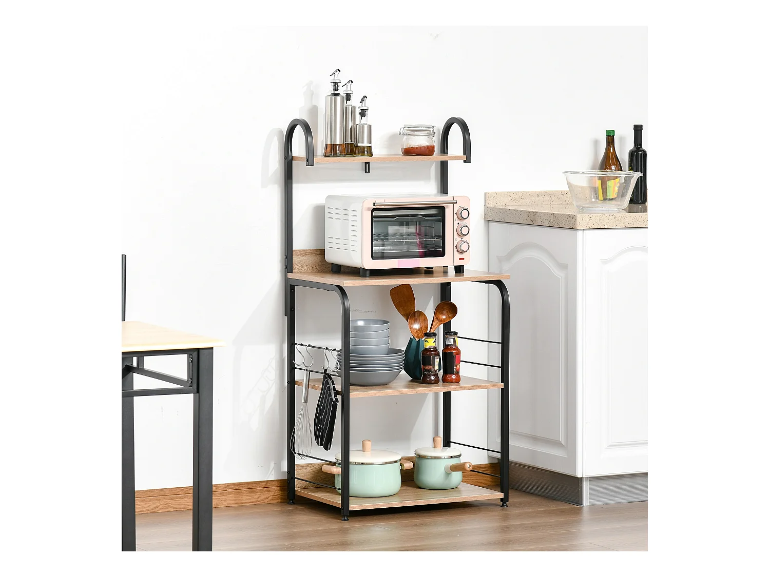 Étagères de cuisine - meuble micro-ondes - 3 étagères, plateau, crochets - métal noir aspect chêne clair
