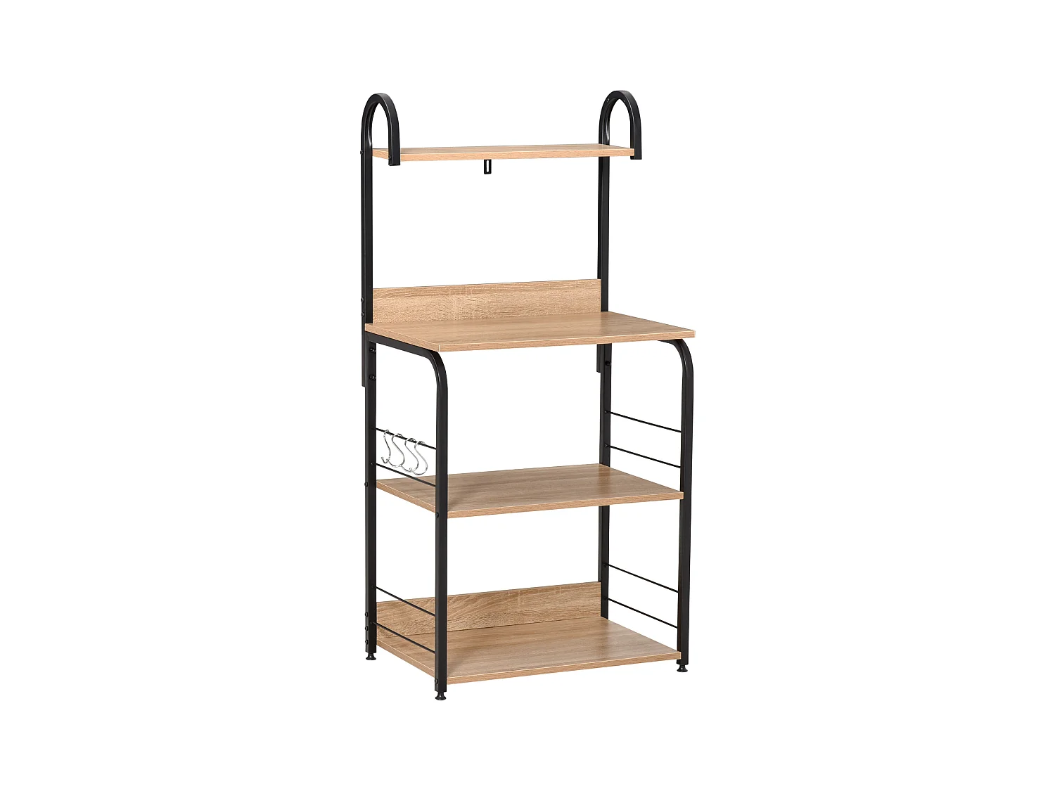 Étagères de cuisine - meuble micro-ondes - 3 étagères, plateau, crochets - métal noir aspect chêne clair