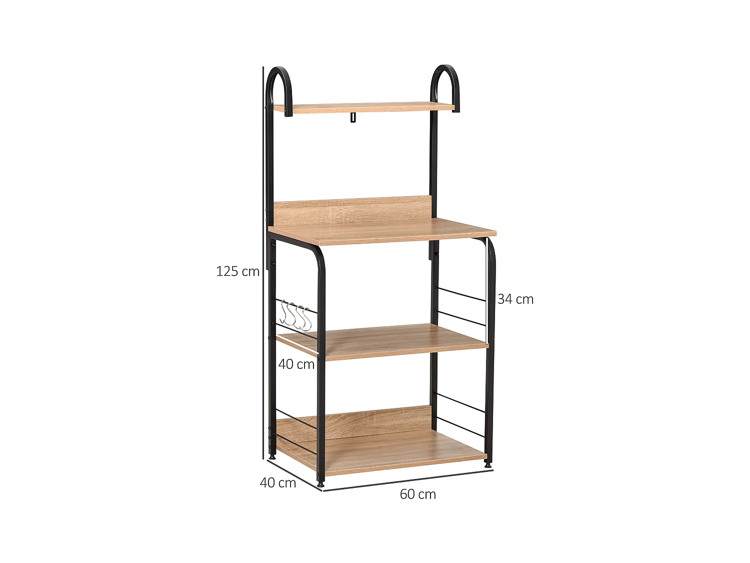 Étagères de cuisine - meuble micro-ondes - 3 étagères, plateau, crochets - métal noir aspect chêne clair