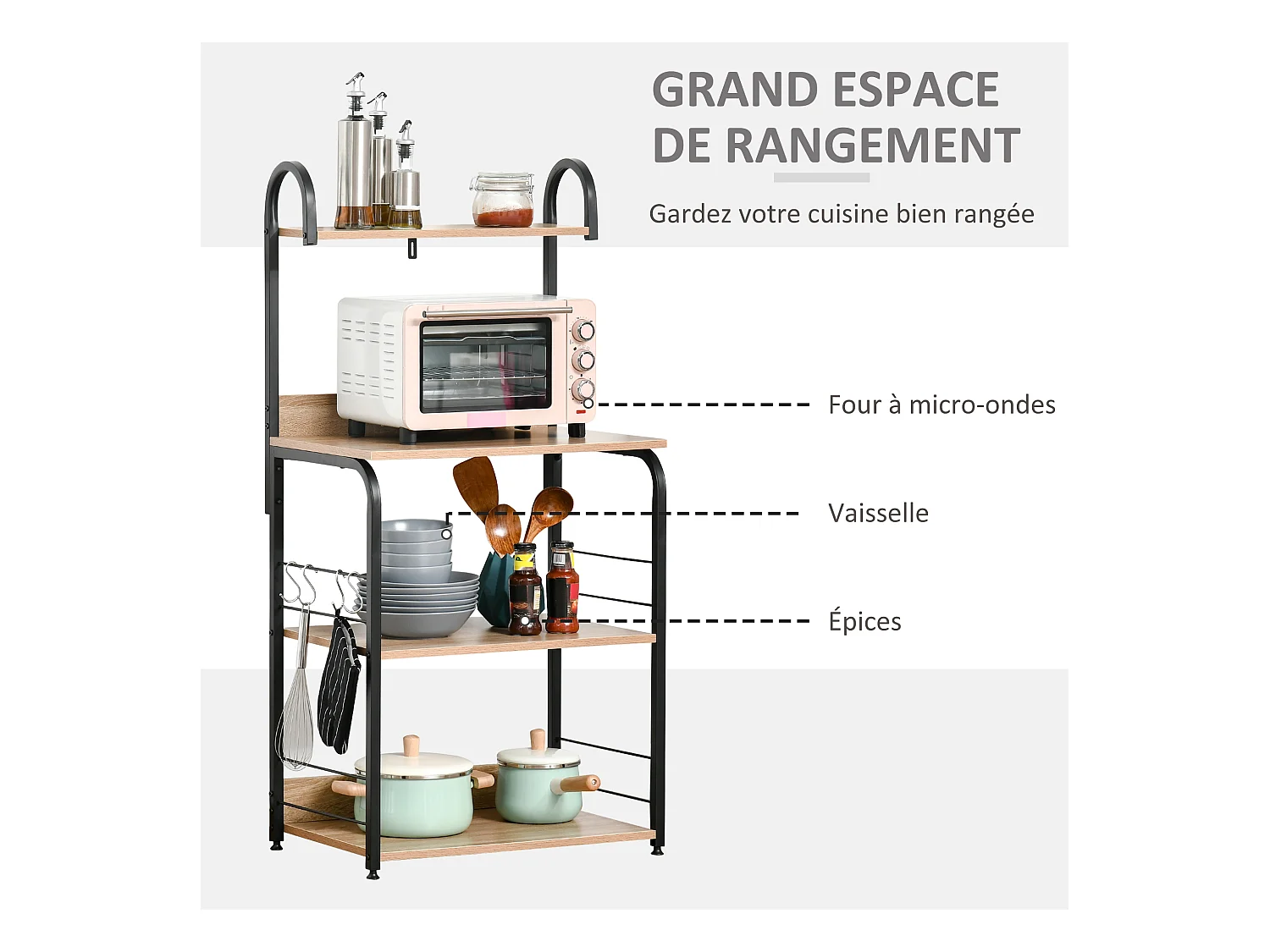 Étagères de cuisine - meuble micro-ondes - 3 étagères, plateau, crochets - métal noir aspect chêne clair