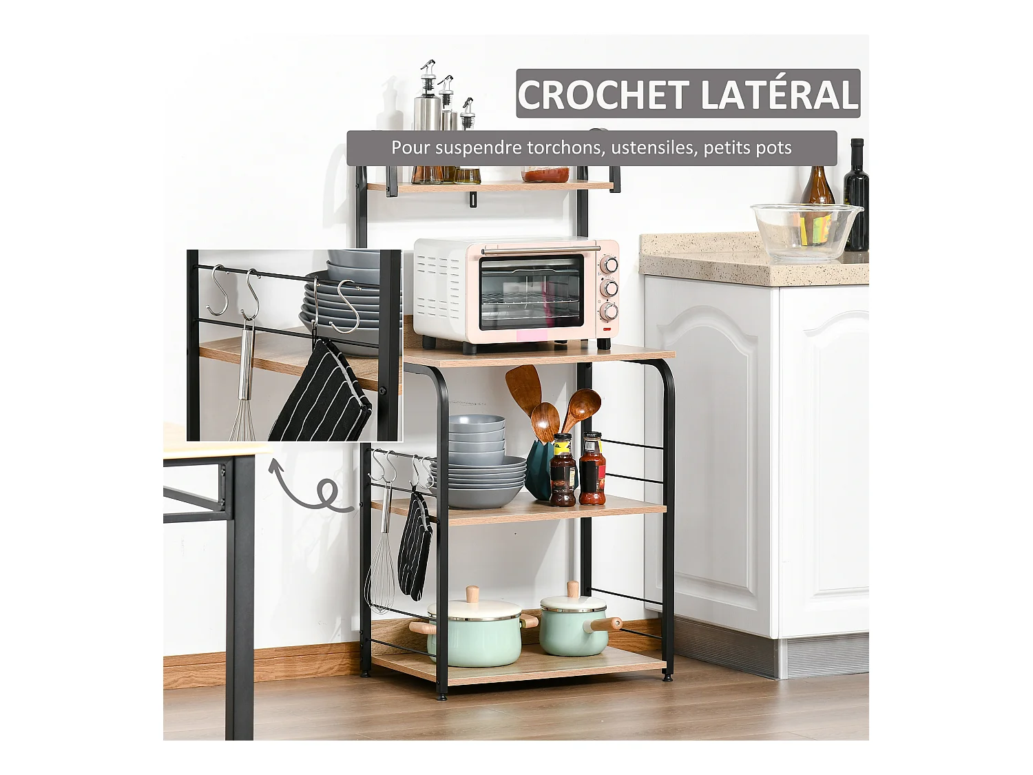 Étagères de cuisine - meuble micro-ondes - 3 étagères, plateau, crochets - métal noir aspect chêne clair