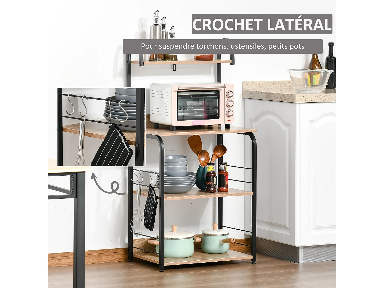 Étagères de cuisine - meuble micro-ondes - 3 étagères, plateau, crochets - métal noir aspect chêne clair