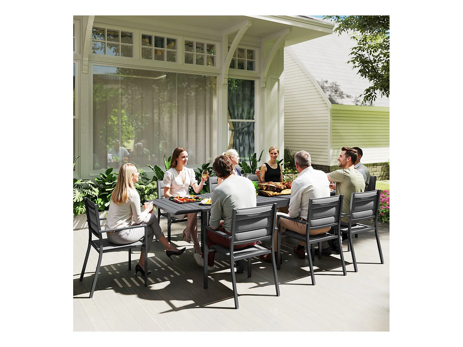Ensemble de jardin 8 personnes chaises empilables table extensible 135/270L cm alu. textilène gris